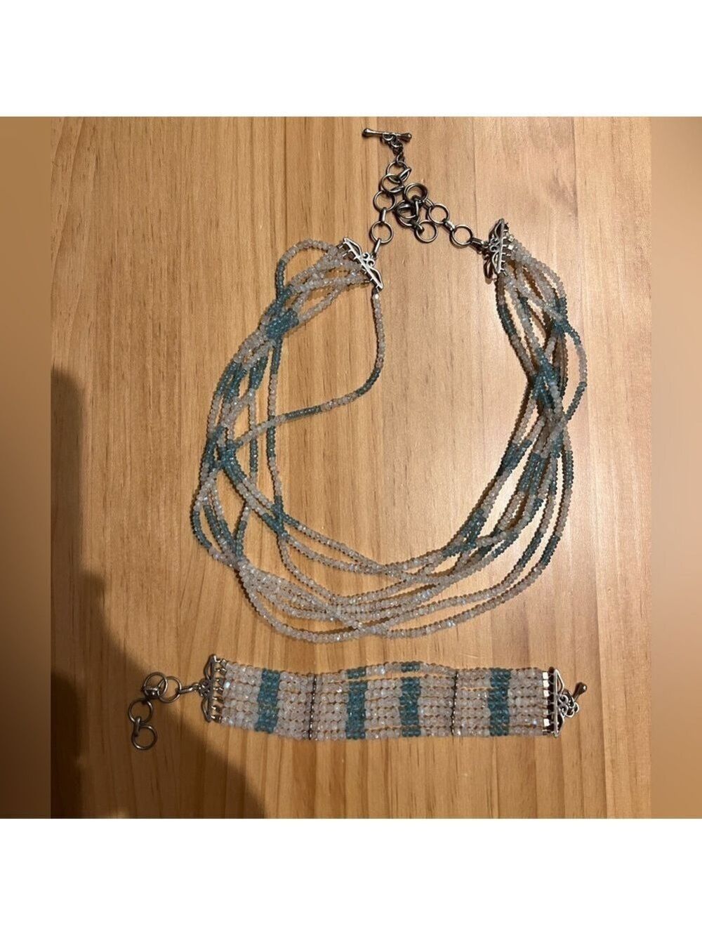 Multi-Strand Moonstone & Blue Apatite Beaded Necklace + Matching Bracelet Set